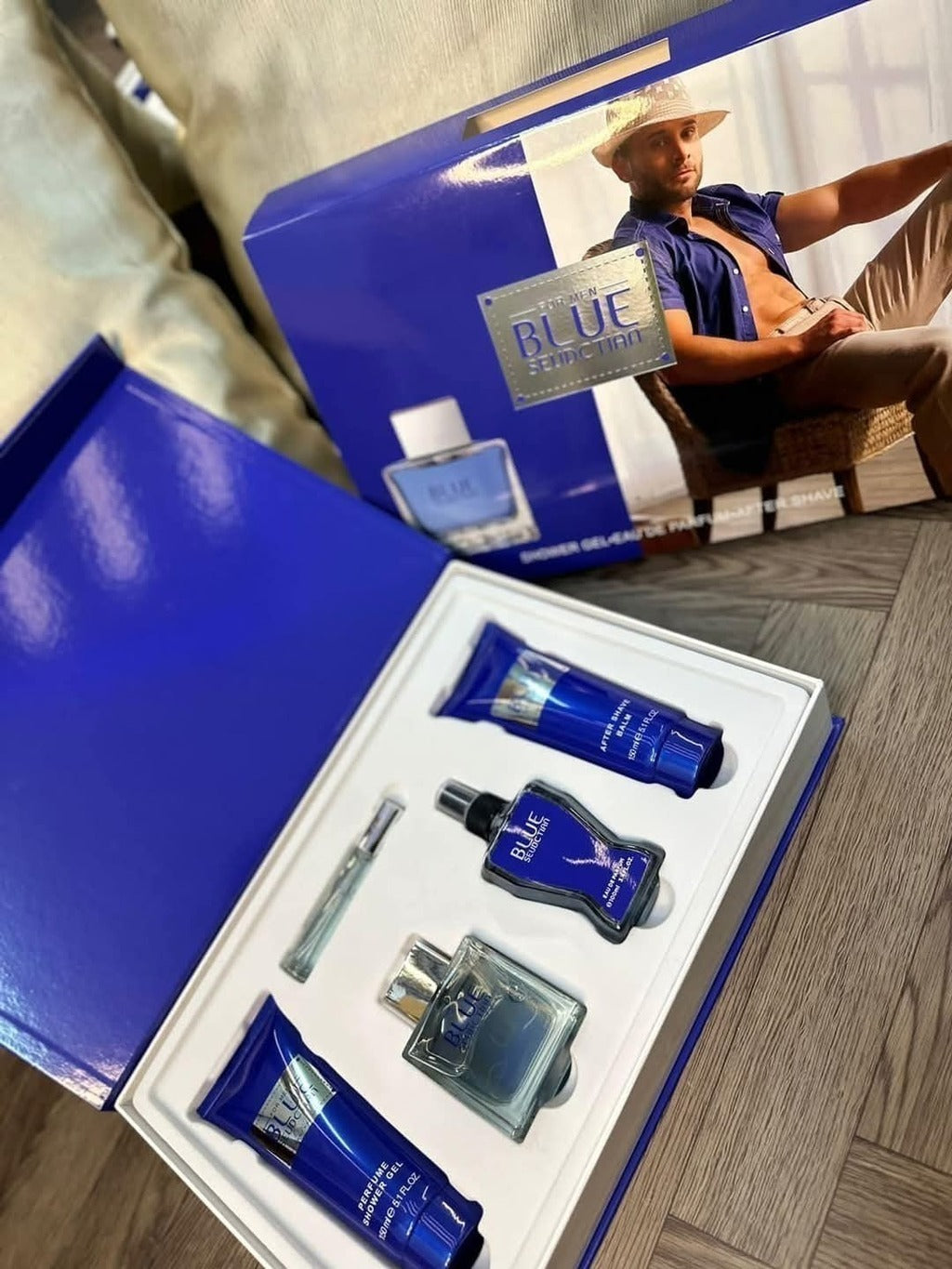 Kit BLUE Seduction de perfumes, gel de ducha, colonia, perfume de cartera e hidratante