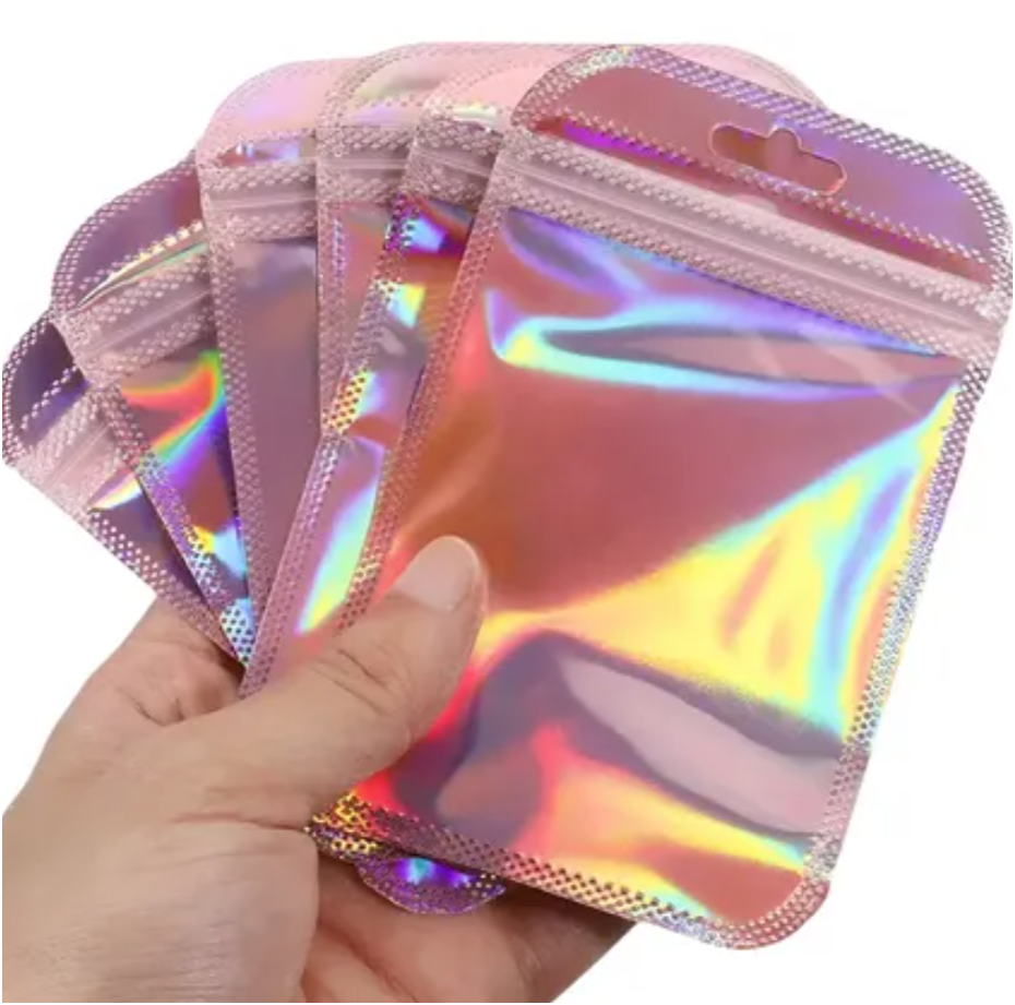 Pack x 10 Bolsitas holográficos rosa para Uñas Press On o para Kits de Preparación