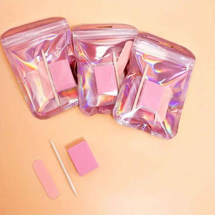 Pack x 10 Bolsitas holográficos rosa para Uñas Press On o para Kits de Preparación