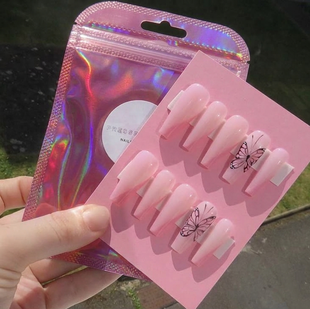 Pack x 10 Bolsitas holográficos rosa para Uñas Press On o para Kits de Preparación