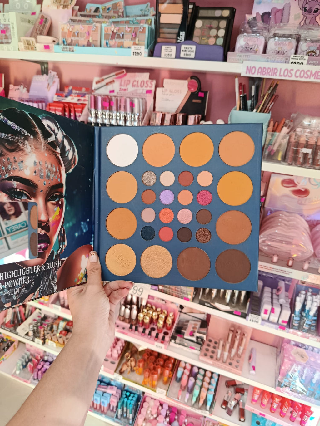 Paleta de sombras, iluminador, rubor, corrector y polvo