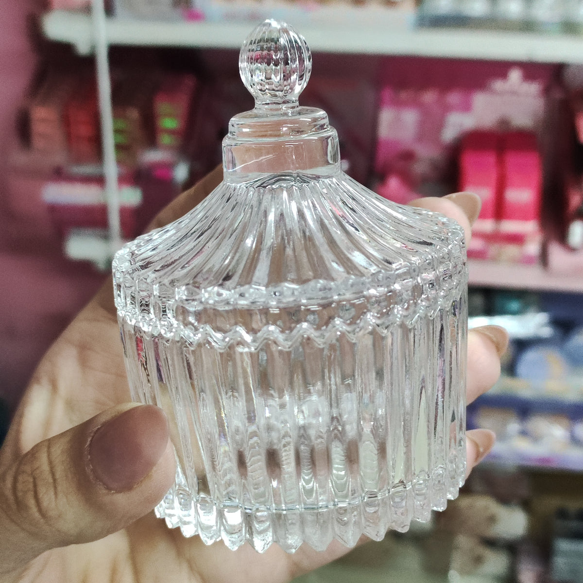 Recipiente de cristal, para usar como joyero o guarda discos de algodón.