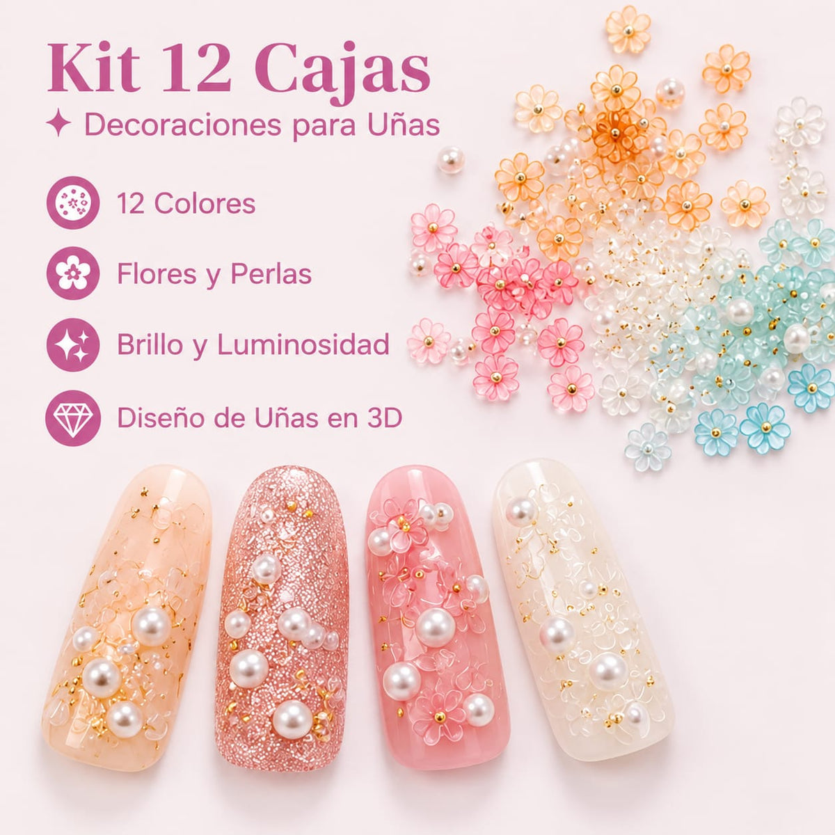 Decoraciones para uñas, Flores y Perlas.