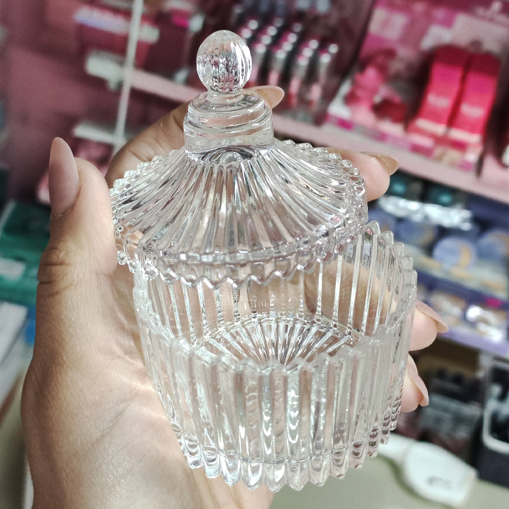 Recipiente de cristal, para usar como joyero o guarda discos de algodón.