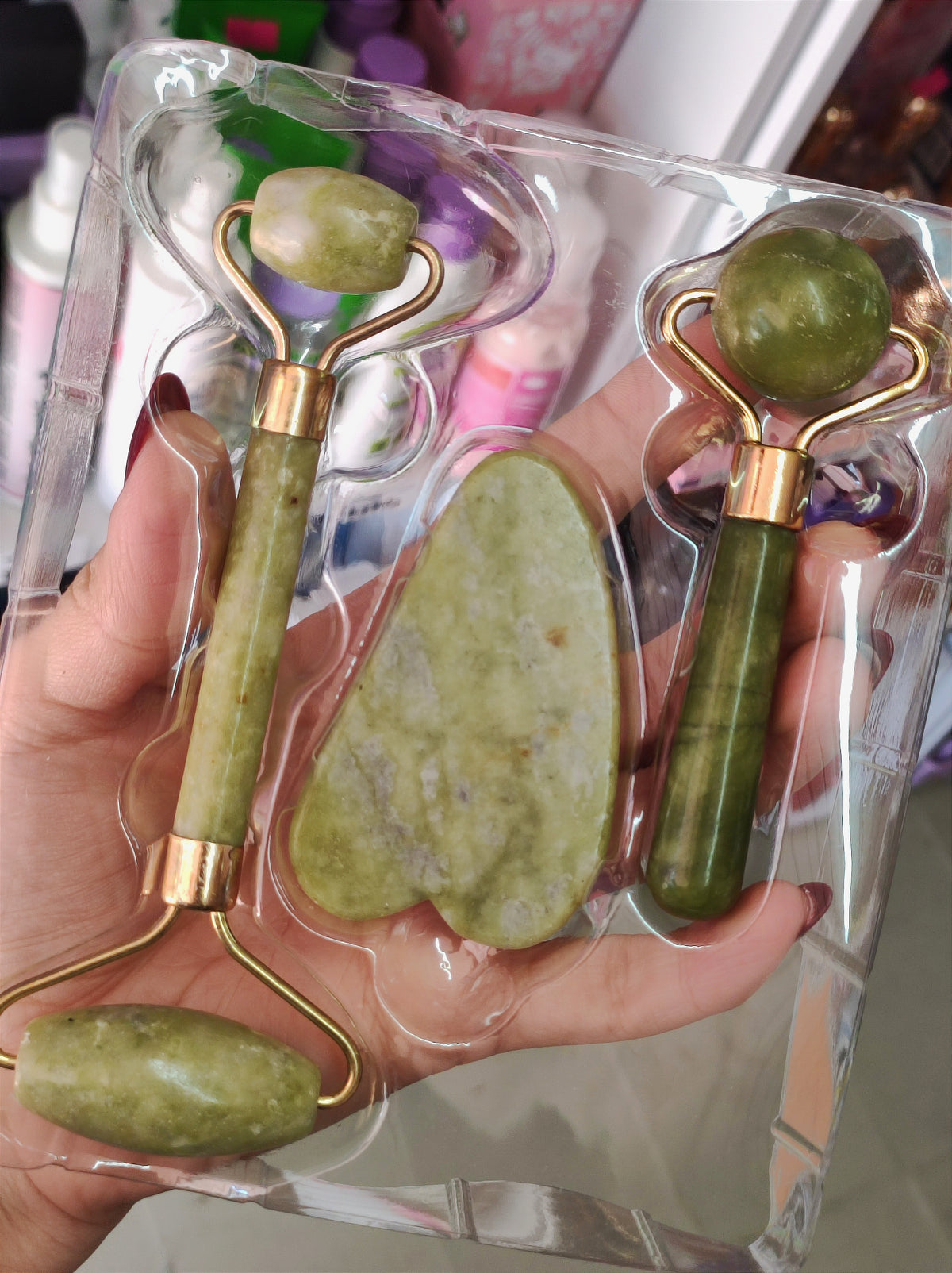 Kit de Jade para el cuidado de la piel, 2 Rodillos y piedra Gua Sha