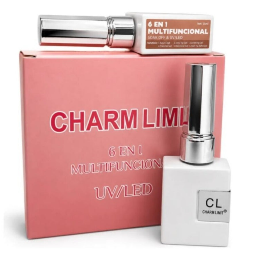 Esmalte 6 en 1 CHARM LIMIT. Base Coat, Pegamento de Strass, Press Gel, Gel Nivelador, Transfer Gel/Pegamento de Foil, Gel Reforzador.